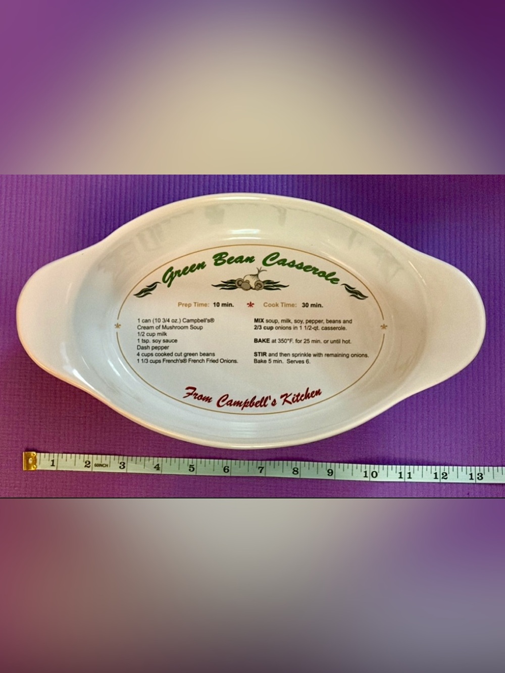 2005 Campbell’s Green Bean Casserole 50th Anniversary Oval Dish w/Recipe Inside